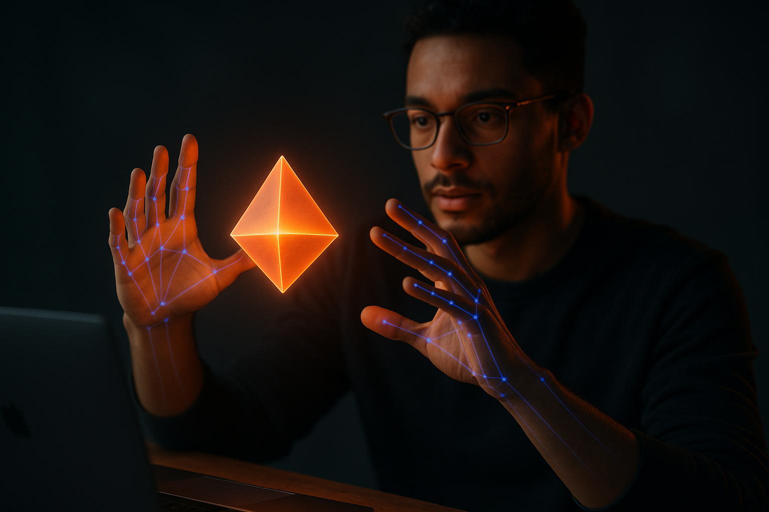 Un créateur manipule un objet 3D dans le vide avec ses mains, suivies en temps réel par l'IA