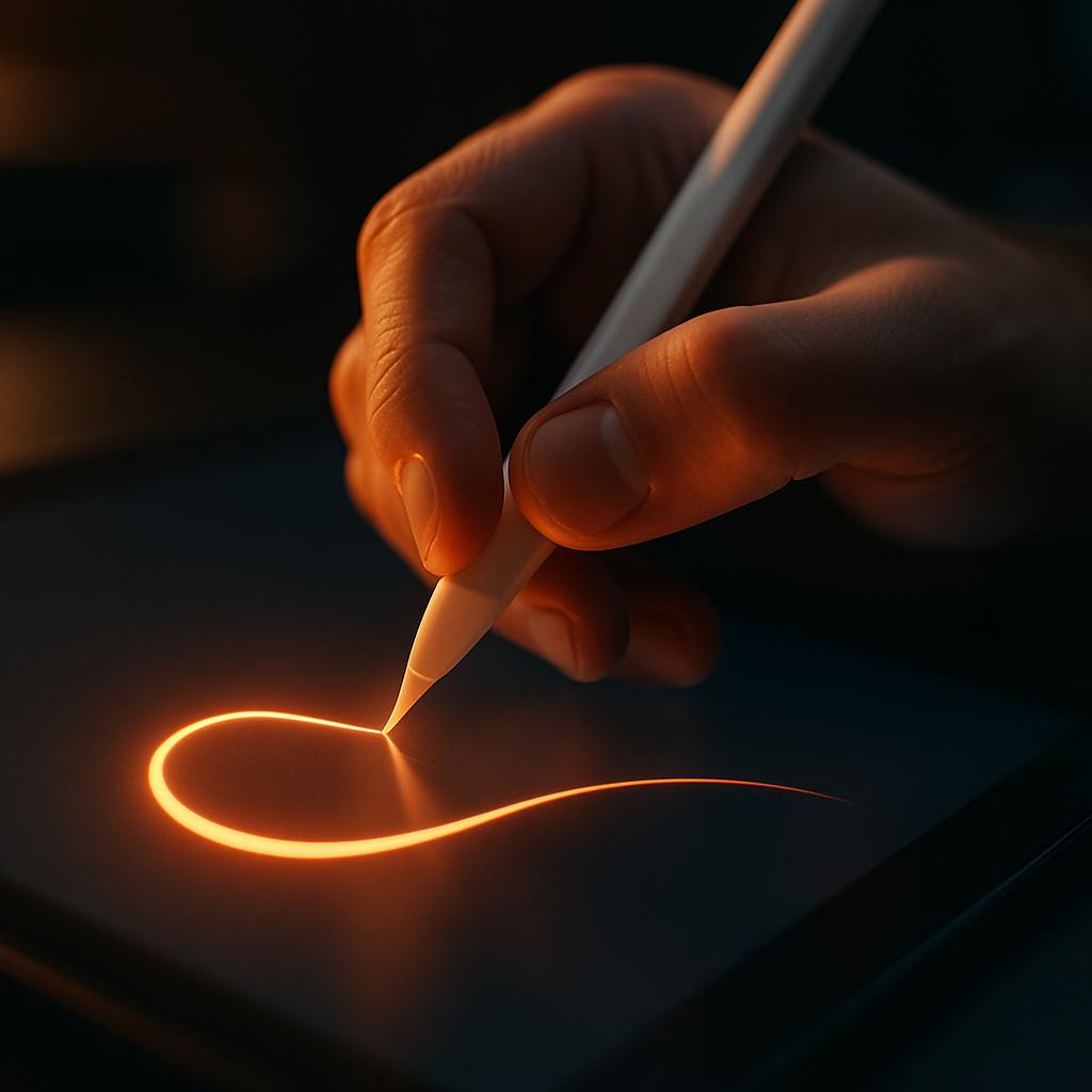 Une main dessine un trait lumineux au stylet sur une tablette